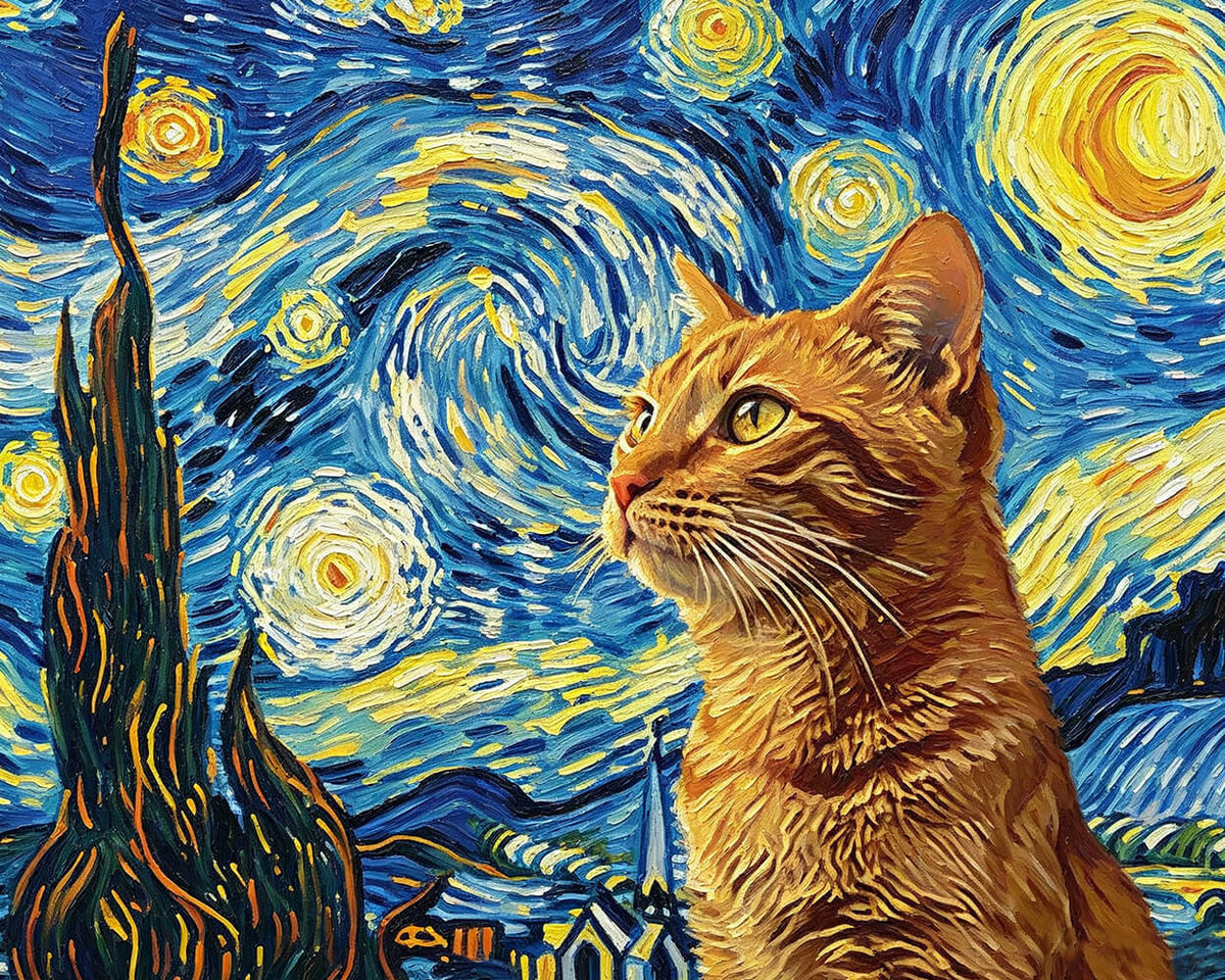Orange cat in van goghs starry night paint by numbers kit for beginners
