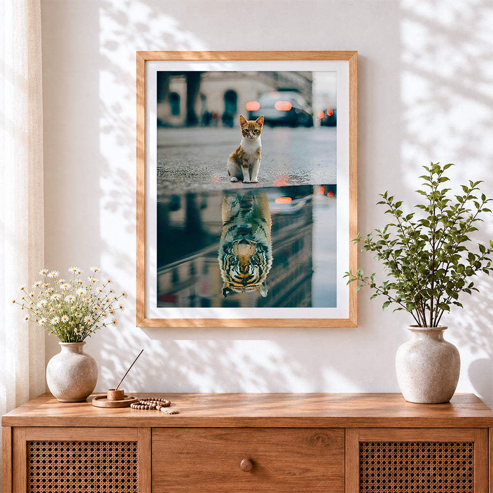 Finished orange cat water reflection cross stitch artwork displayed