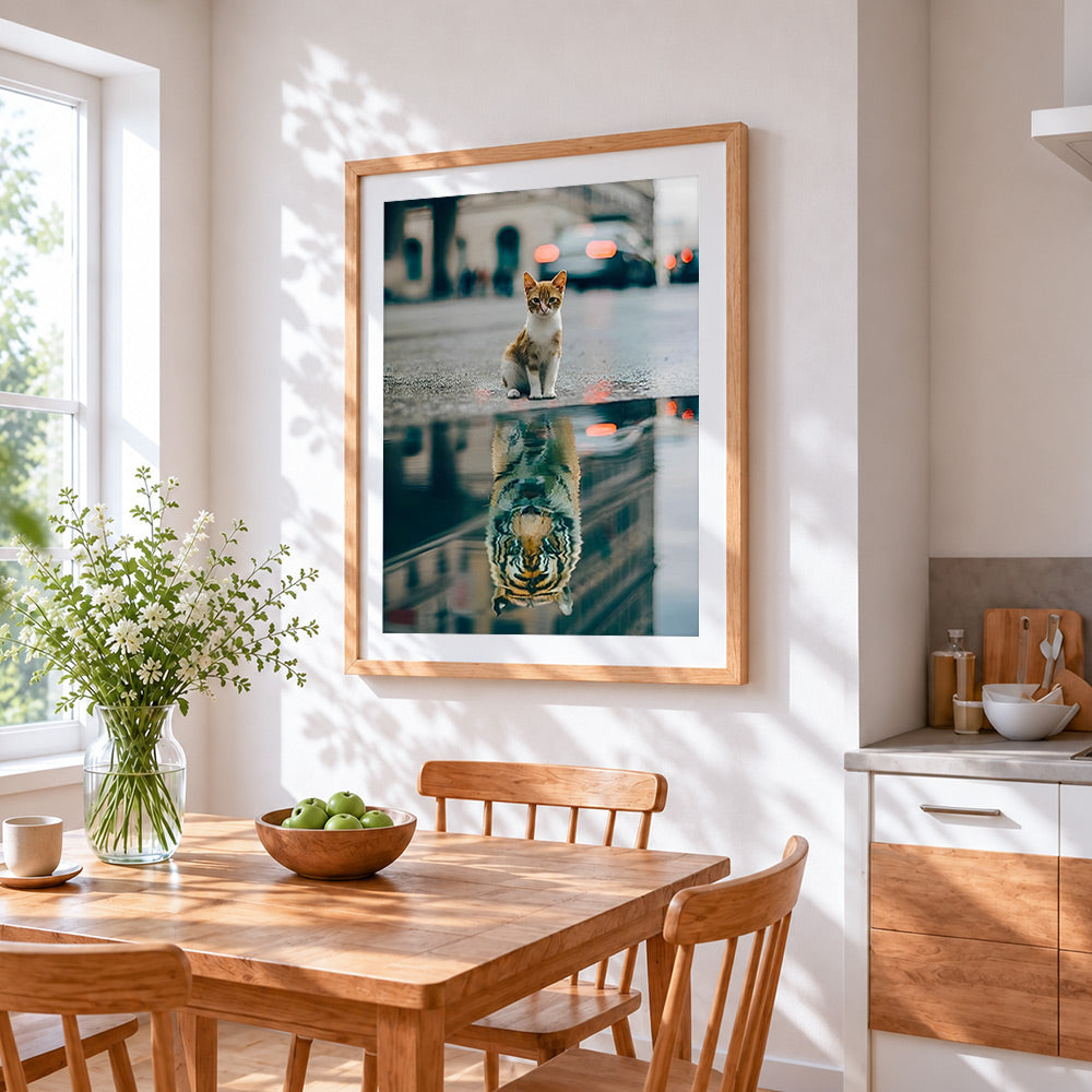 Orange cat water reflection cross stitch artwork displayed on wall as home decor