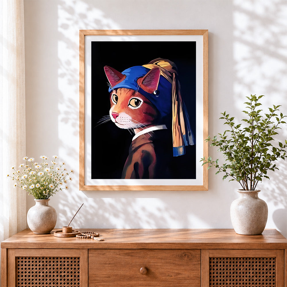 Finished orange cat with pearl earring cross stitch artwork displayed