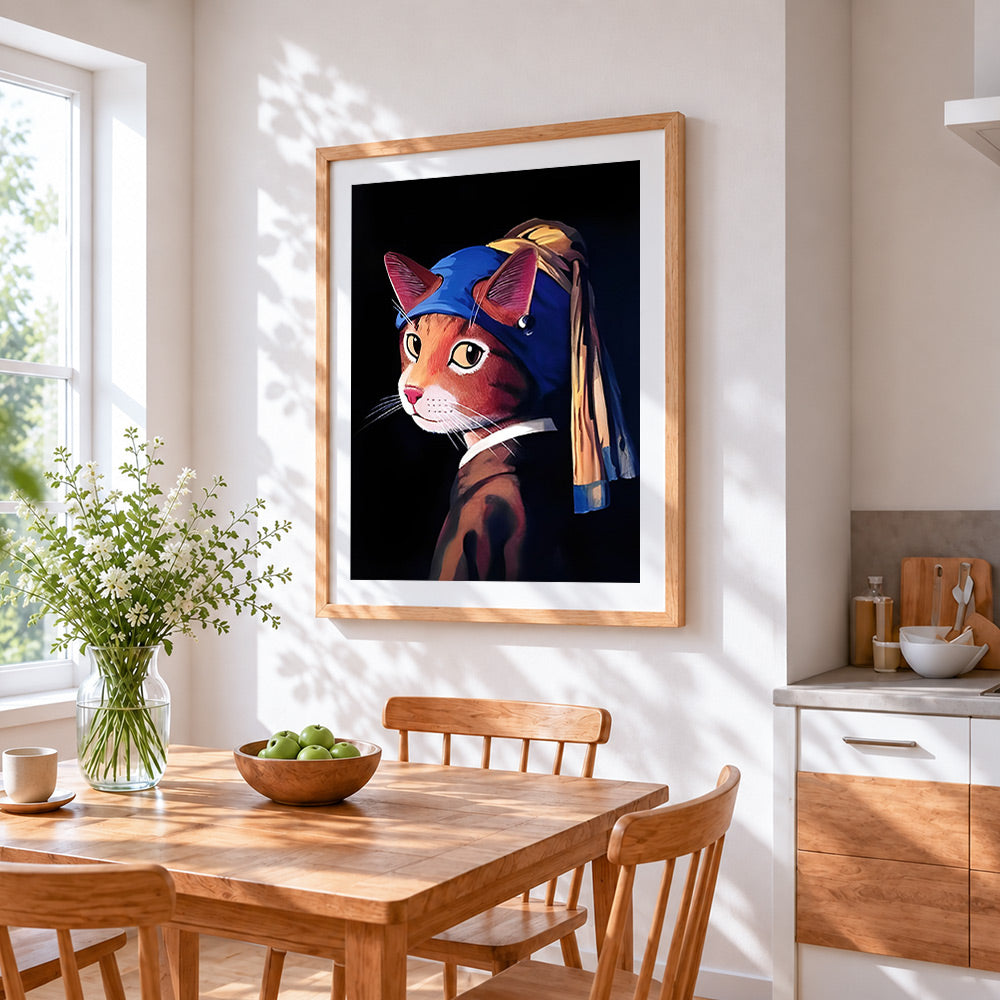 Orange cat with pearl earring cross stitch artwork displayed on wall as home decor