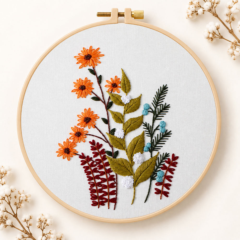 Orange daisy floral sprig embroidery kit