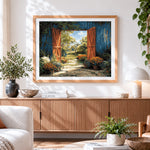 Finished orange doors and garden path paint by numbers artwork displayed as home decor