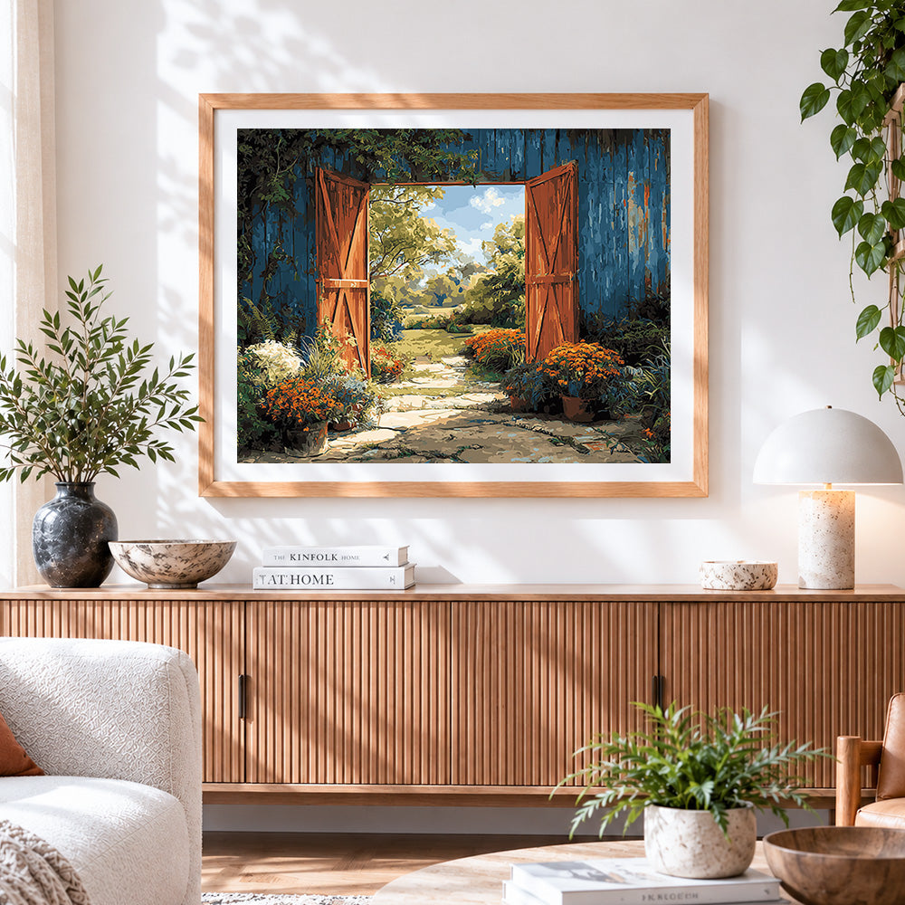 Finished orange doors and garden path paint by numbers artwork displayed as home decor