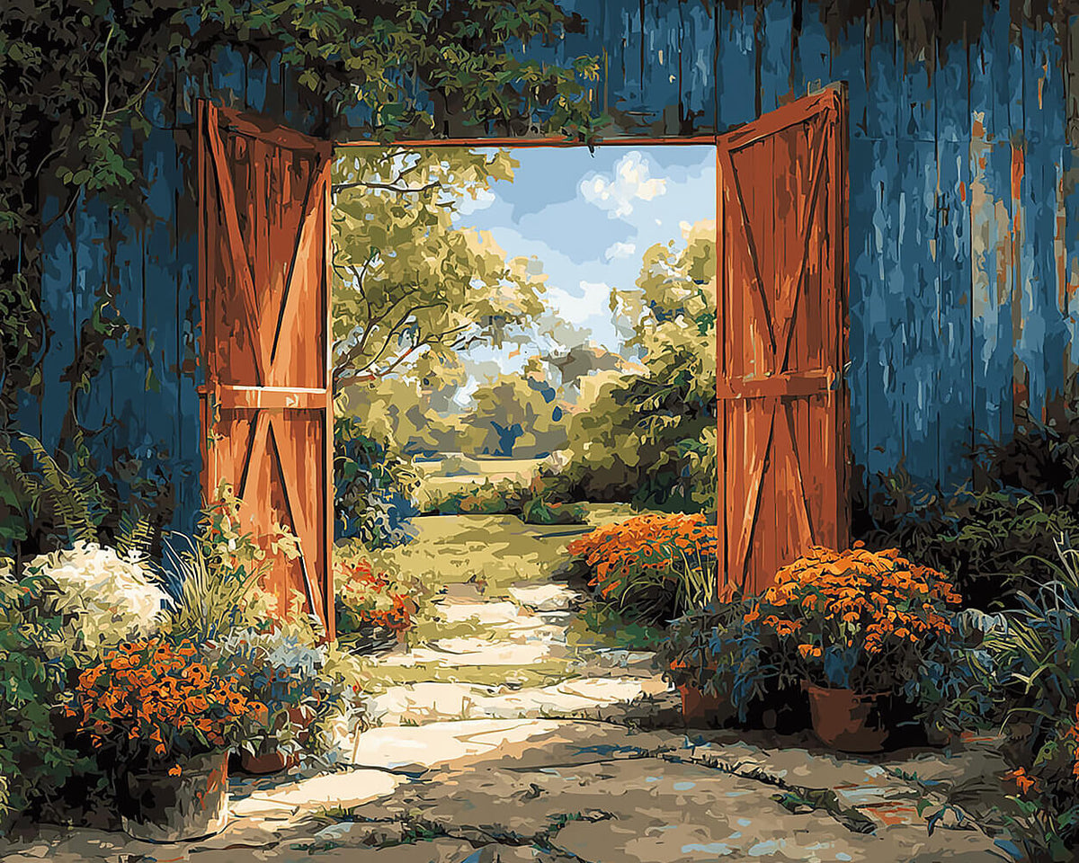 Orange doors and garden path paint by numbers kit for beginners
