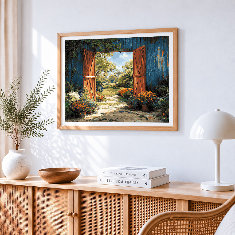 Orange doors and garden path paint by numbers artwork displayed on wall as home decor