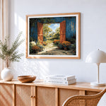 Orange doors and garden path paint by numbers artwork displayed on wall as home decor