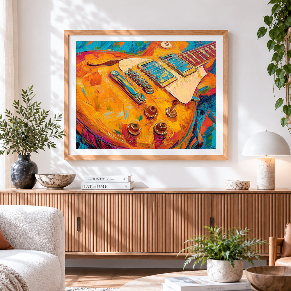 Finished orange electric guitar paint by numbers artwork displayed as home decor
