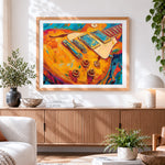 Finished orange electric guitar paint by numbers artwork displayed as home decor