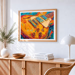 Orange electric guitar paint by numbers artwork displayed on wall as home decor