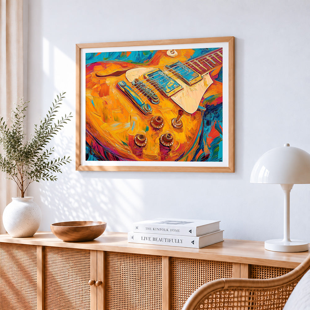 Orange electric guitar paint by numbers artwork displayed on wall as home decor
