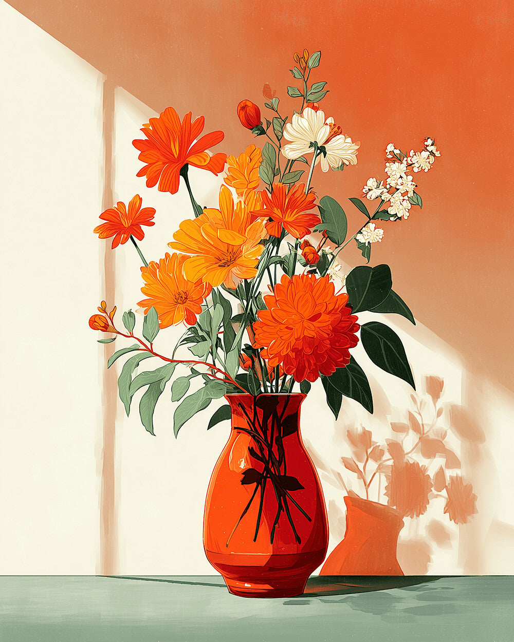 Orange flowers in a red vase cross stitch kit for beginners
