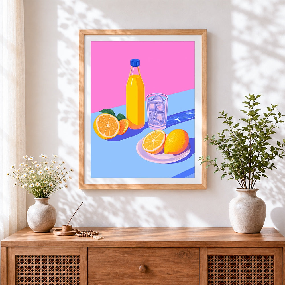Finished orange juice, lemons and ice cross stitch artwork displayed