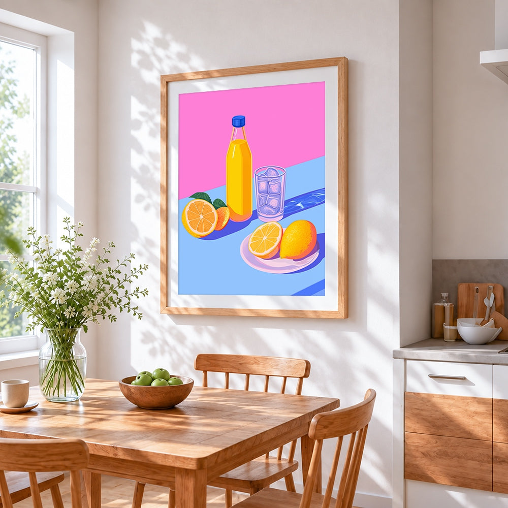 Orange juice, lemons and ice cross stitch artwork displayed on wall as home decor