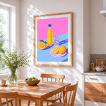 Orange juice, lemons and ice cross stitch artwork displayed on wall as home decor