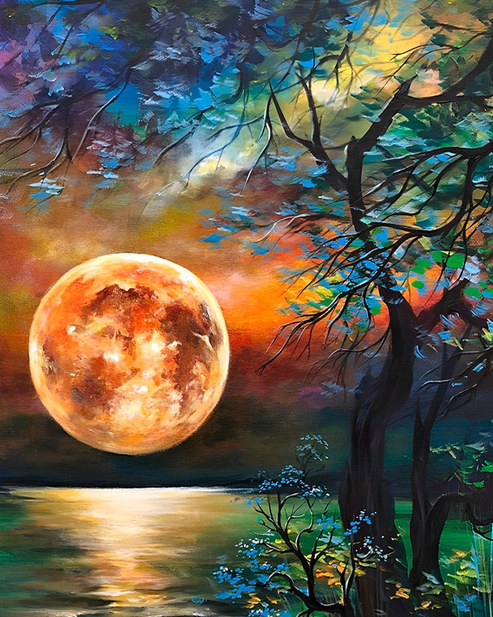Orange moon and silhouette tree cross stitch kit for beginners