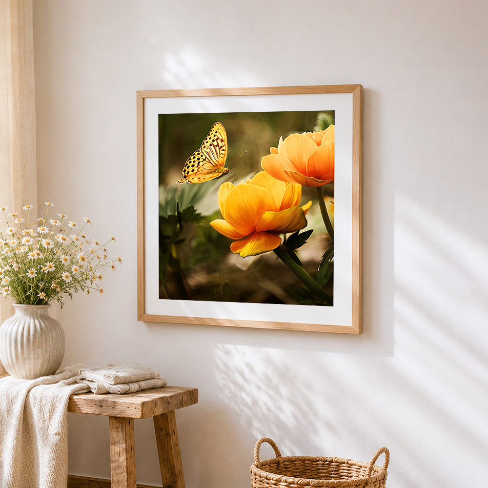 Orange ranunculus and butterfly cross stitch artwork displayed on wall as home decor