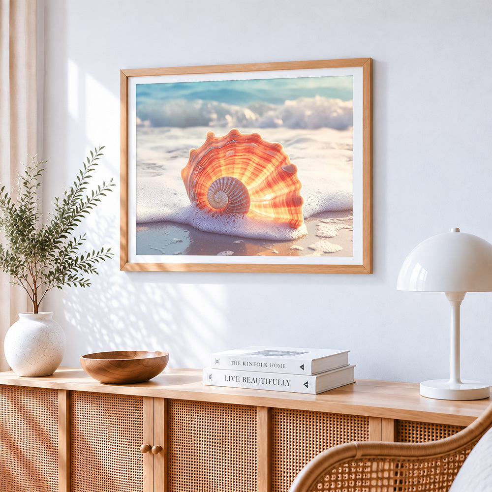 Orange seashell in ocean foam cross stitch artwork displayed on wall as home decor