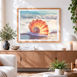 Finished orange seashell in ocean foam paint by numbers artwork displayed as home decor