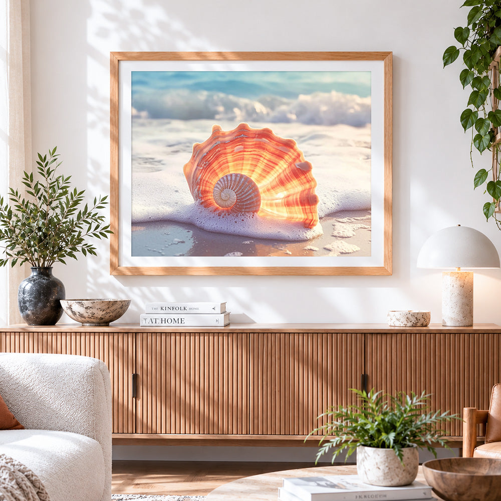 Finished orange seashell in ocean foam paint by numbers artwork displayed as home decor