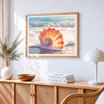 Orange seashell in ocean foam paint by numbers artwork displayed on wall as home decor