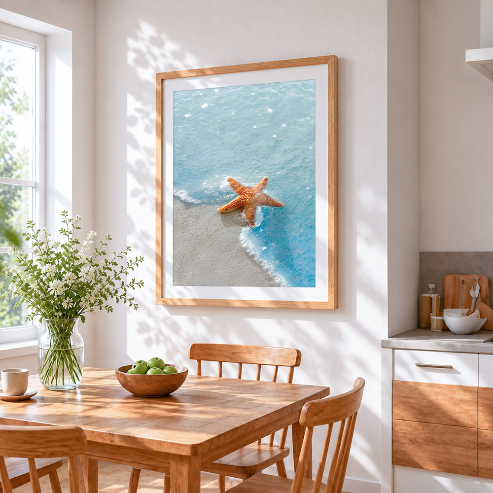 Orange starfish in ocean waves paint by numbers artwork displayed on wall as home decor