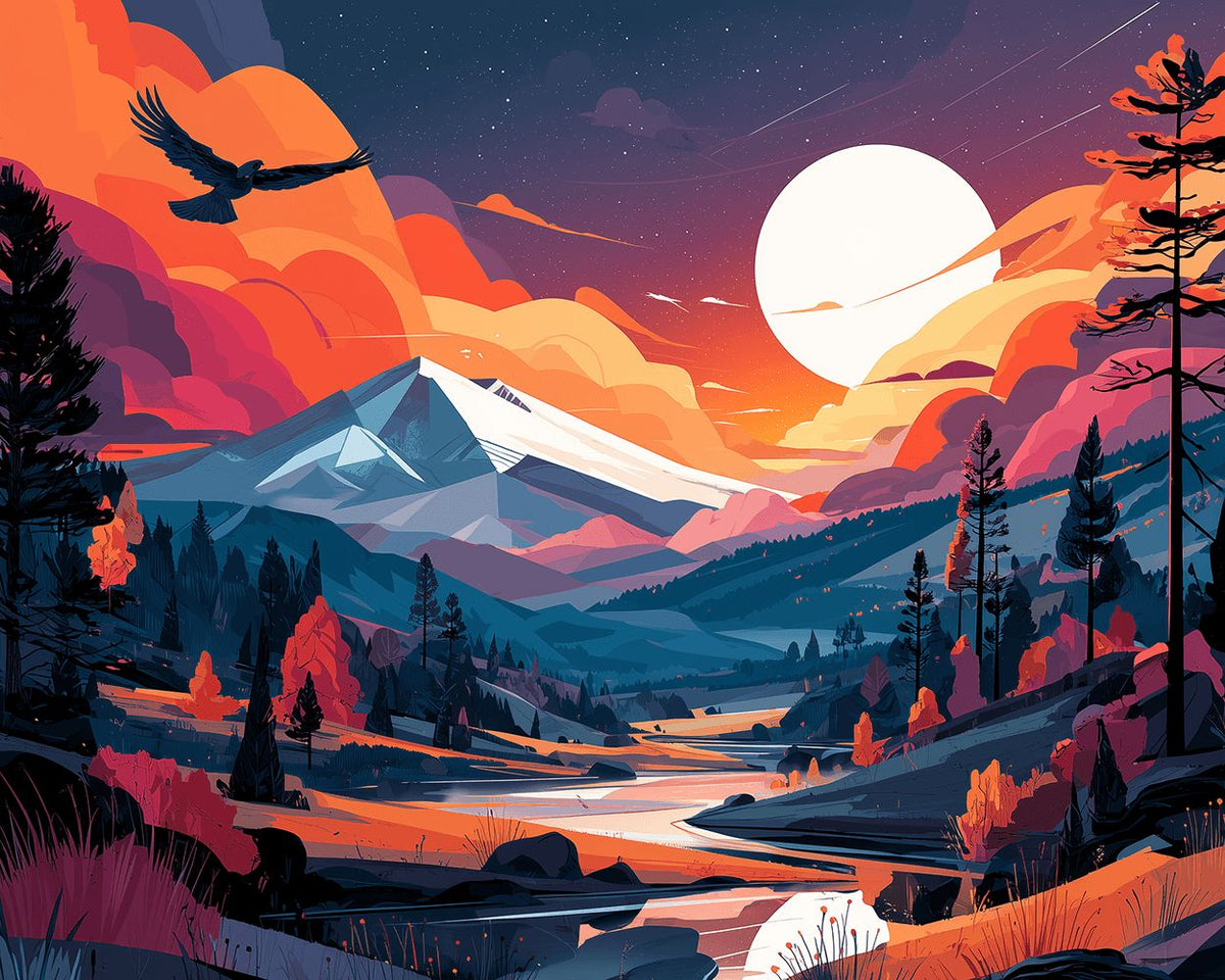Orange sunset mountains cross stitch kit for beginners