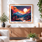Finished orange sunset mountains paint by numbers artwork displayed as home decor