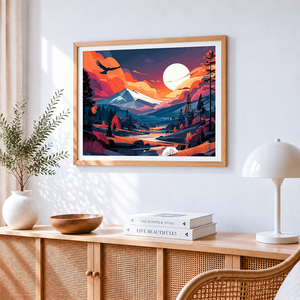 Orange sunset mountains paint by numbers artwork displayed on wall as home decor
