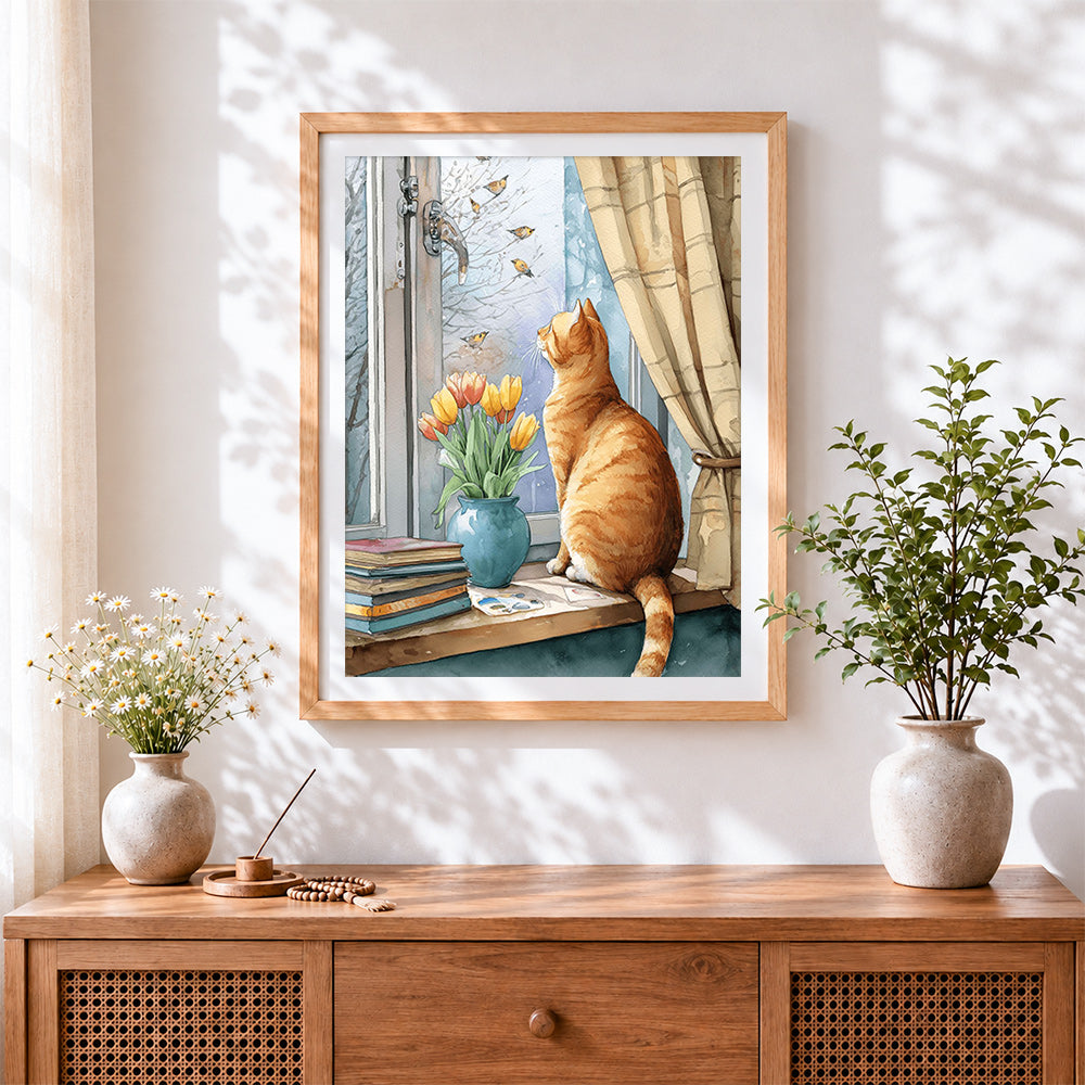 Finished orange tabby cat by window cross stitch artwork displayed