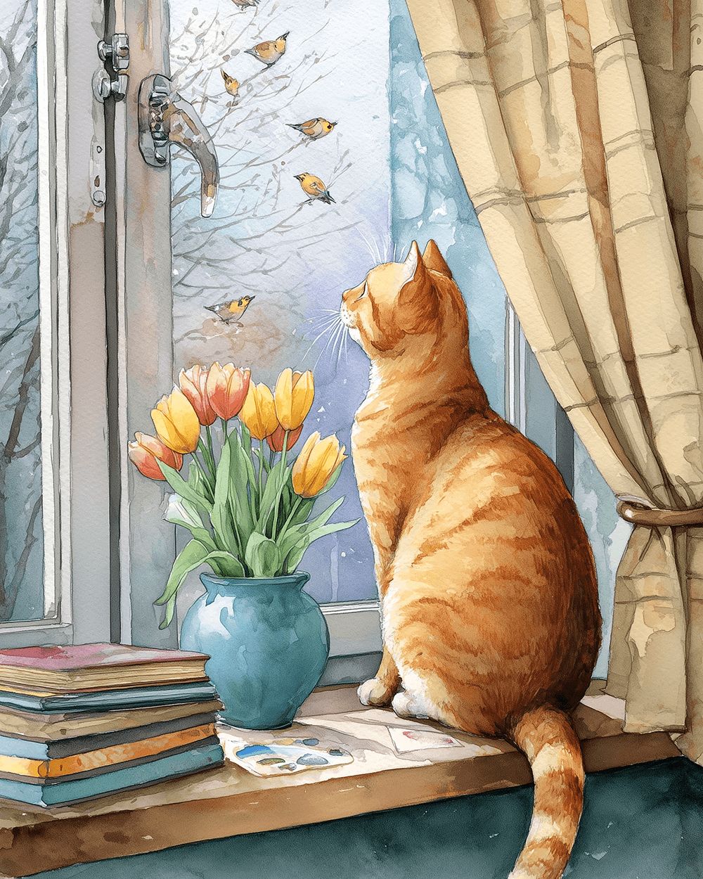Orange tabby cat by window cross stitch kit for beginners