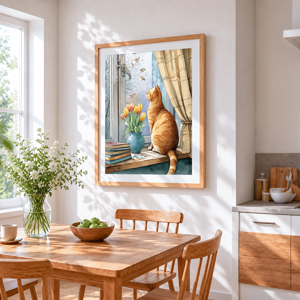 Orange tabby cat by window cross stitch artwork displayed on wall as home decor