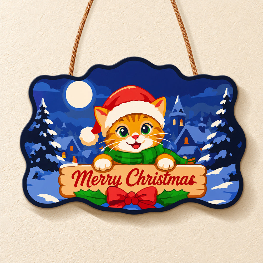Orange tabby christmas paint by numbers door hanger finished design