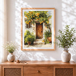 Finished orange tree and rustic wooden door cross stitch artwork displayed