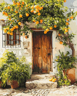 Orange tree and rustic wooden door cross stitch kit for beginners