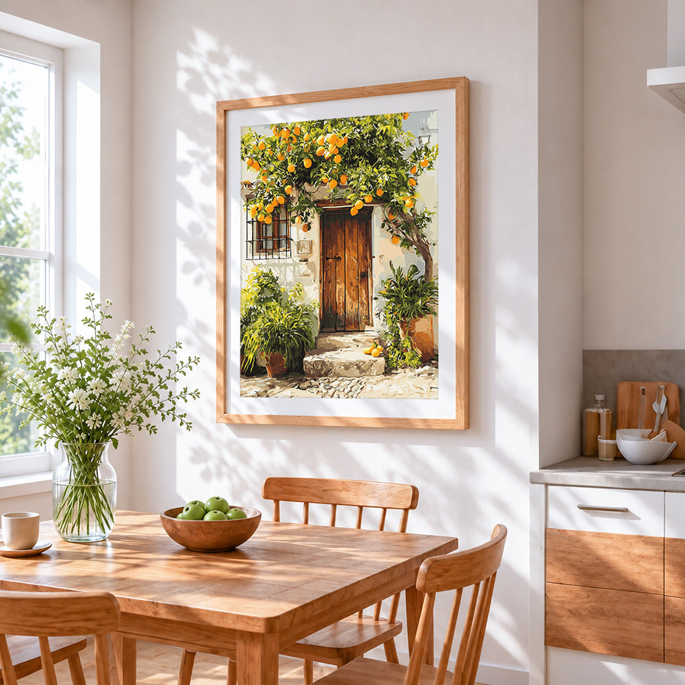 Orange tree and rustic wooden door cross stitch artwork displayed on wall as home decor