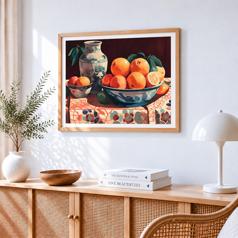Oranges and vase cross stitch artwork displayed on wall as home decor