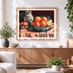 Finished oranges and vase paint by numbers artwork displayed as home decor