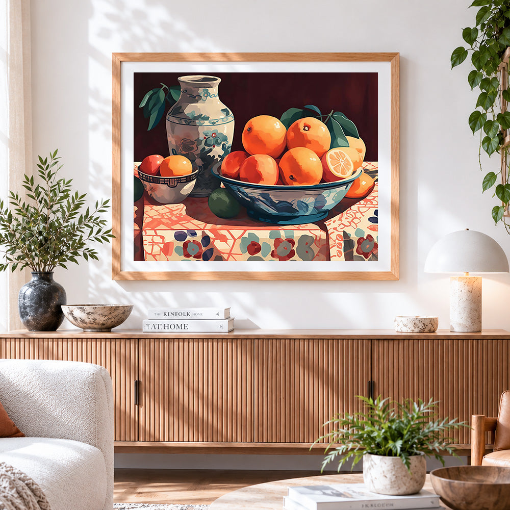 Finished oranges and vase paint by numbers artwork displayed as home decor