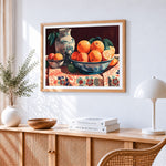 Oranges and vase paint by numbers artwork displayed on wall as home decor