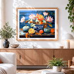 Finished oriental blue and white vase pumpkins and lotus cross stitch artwork displayed