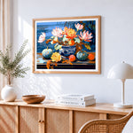 oriental-blue-and-white-vase,-pumpkins-and-lotus cross stitch artwork displayed on wall as home decor