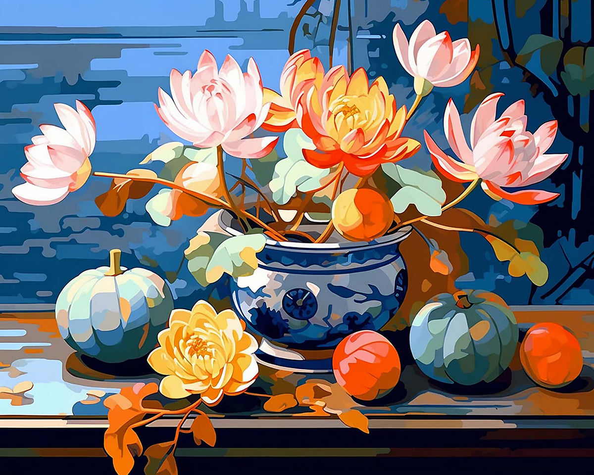 Oriental blue and white vase pumpkins and lotus paint by numbers kit for beginners