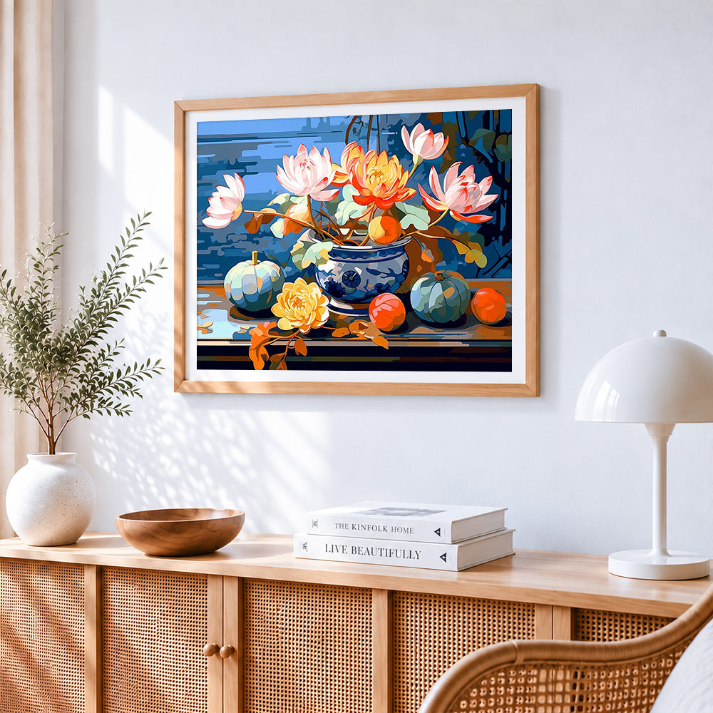 Oriental blue and white vase pumpkins and lotus paint by numbers artwork displayed on wall as home decor