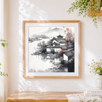 Finished oriental ink wash water town cross stitch artwork displayed