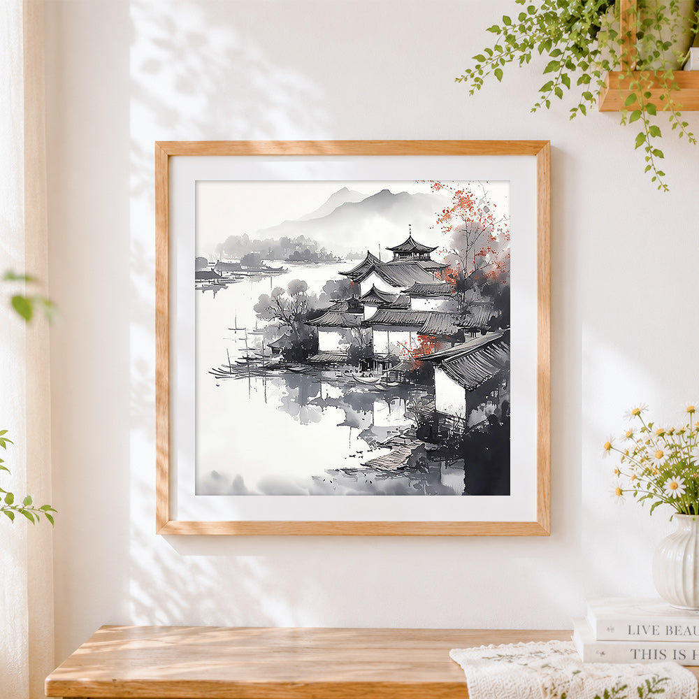 Finished oriental ink wash water town cross stitch artwork displayed