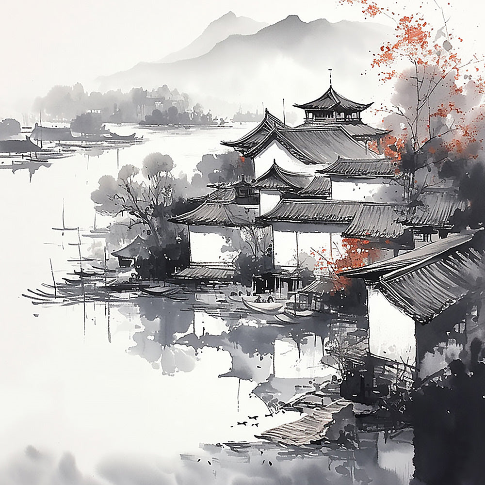 Oriental ink wash water town cross stitch kit for beginners