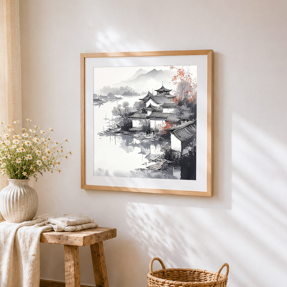 Oriental ink wash water town cross stitch artwork displayed on wall as home decor