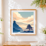 Finished oriental pine tree and pavilion cross stitch artwork displayed