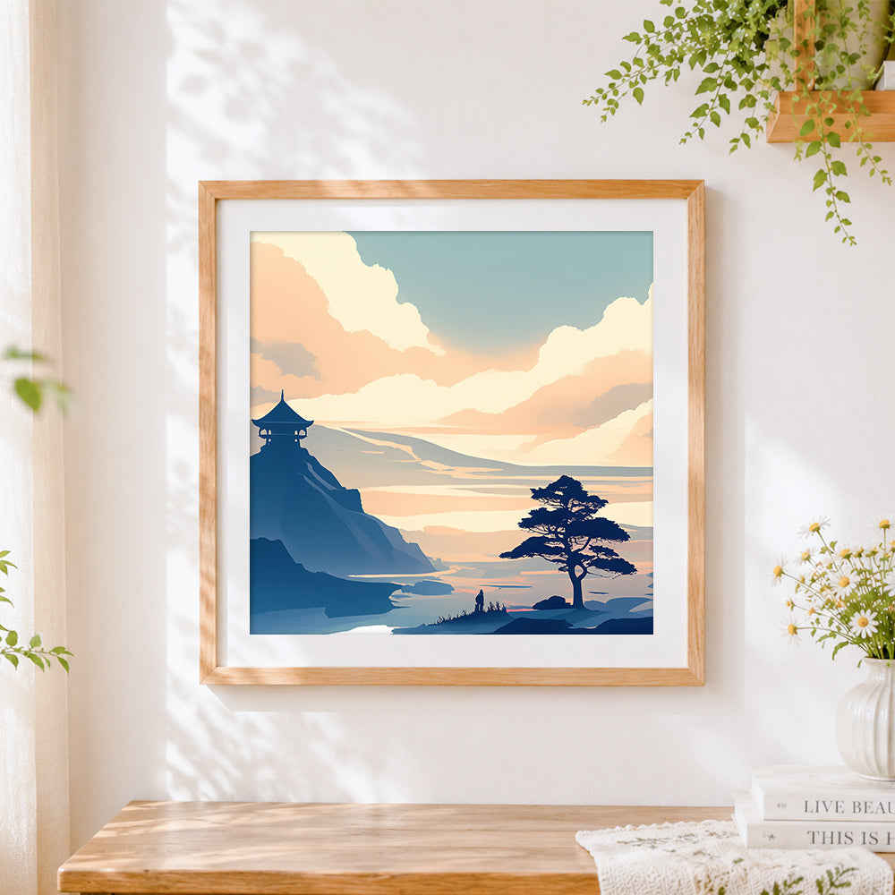 Finished oriental pine tree and pavilion cross stitch artwork displayed